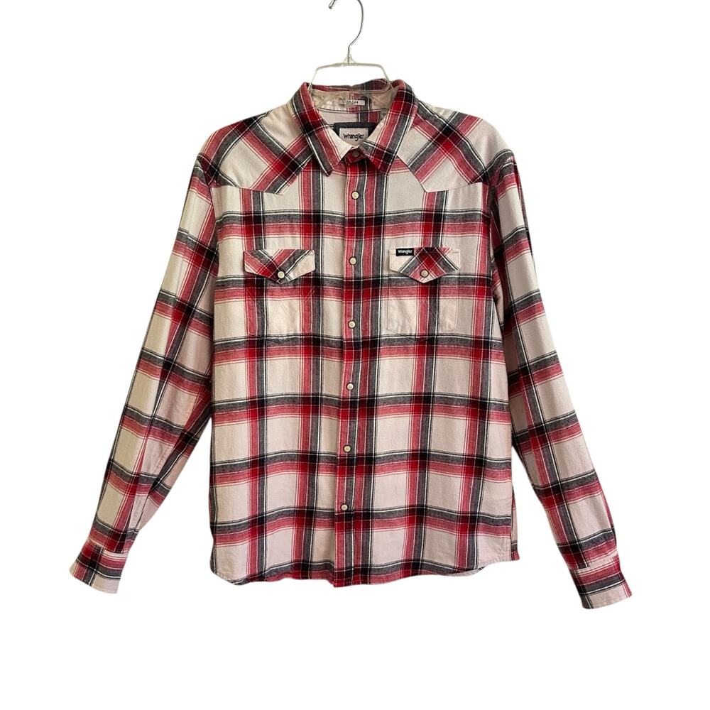 Wrangler Flannel Plaid Pearl Snap Western. Shirt Medium 10% Organic Cotton